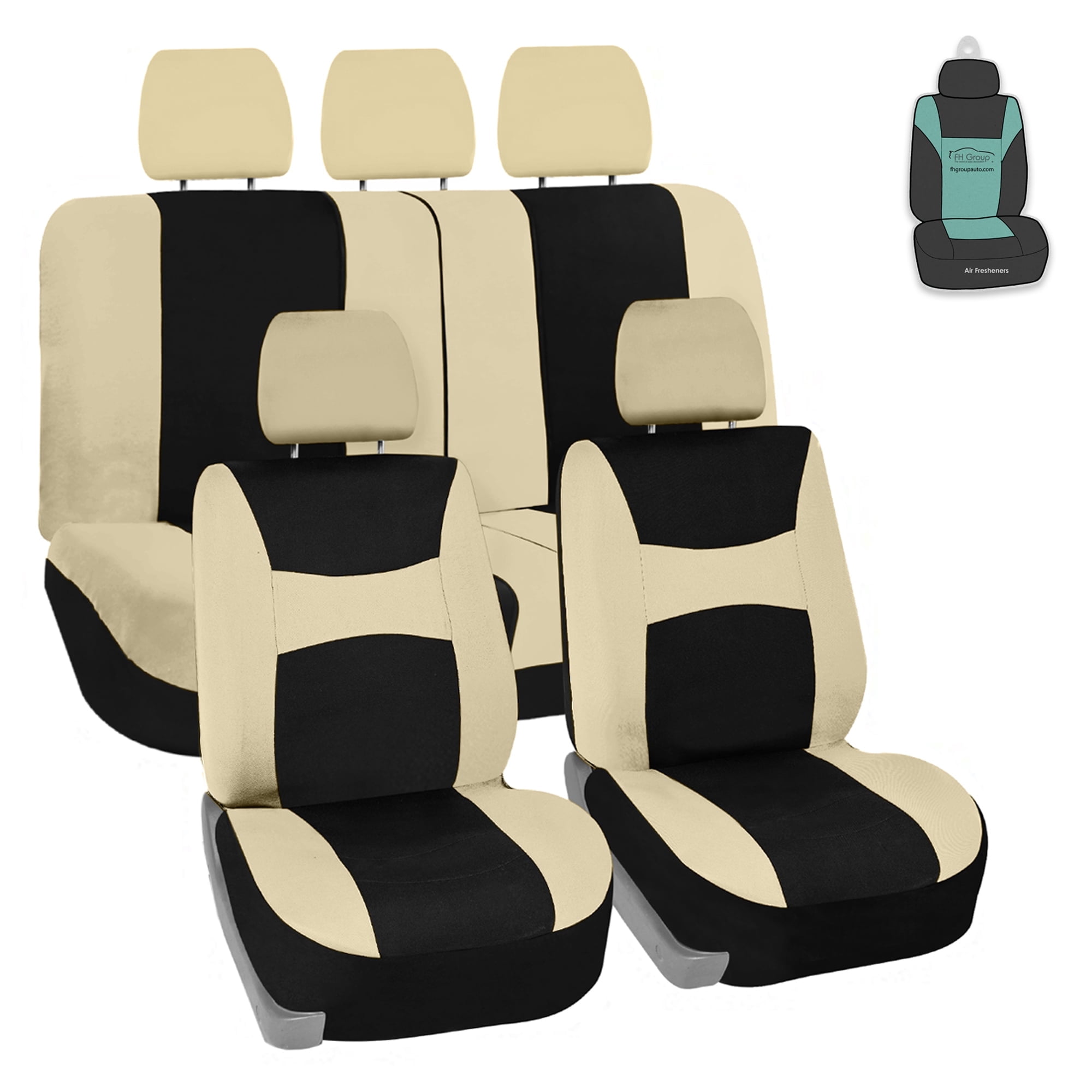 FH Group Light & Breezy Flat Cloth Car Seat Cover, Universal Beige Full Set Seat Covers with Air Freshener
