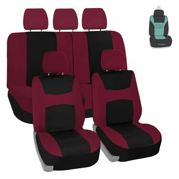FH Group Light & Breezy Flat Cloth Car Seat Cover, Universal Burgundy Full Set Seat Covers with Air Freshener