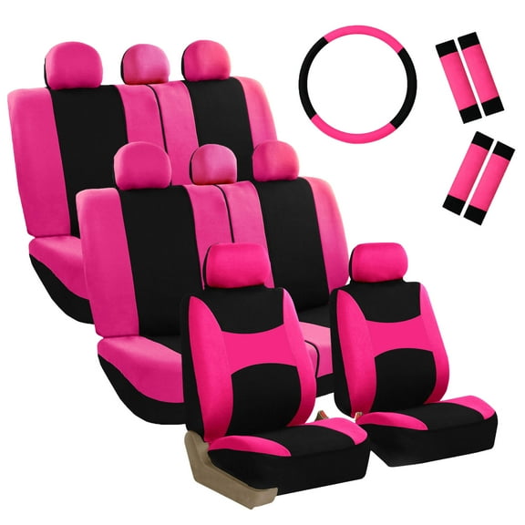 FH Group Light & Breezy Seat Covers for Auto, 3 Row 8 Seater Full Covers with Steering/Belt Pad Cover, Pink and Black