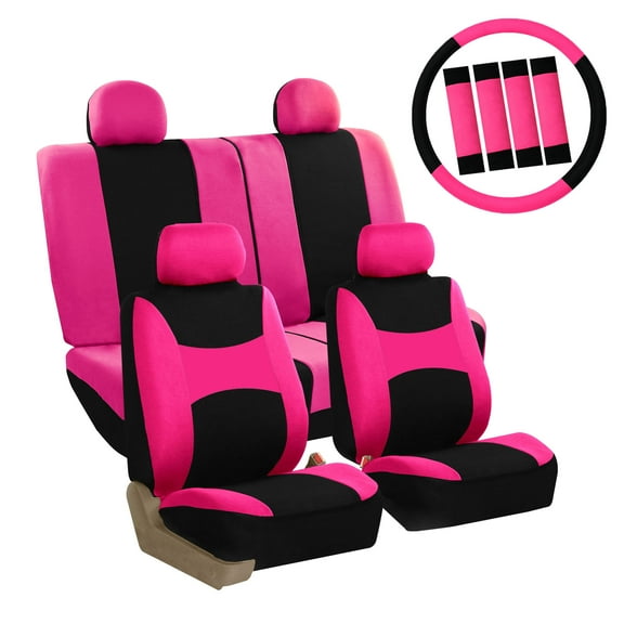 FH Group Light & Breezy Seat Covers for Auto, 4 Headrests Full Seat Covers with Steering/Belt Pad Cover, Pink and Black