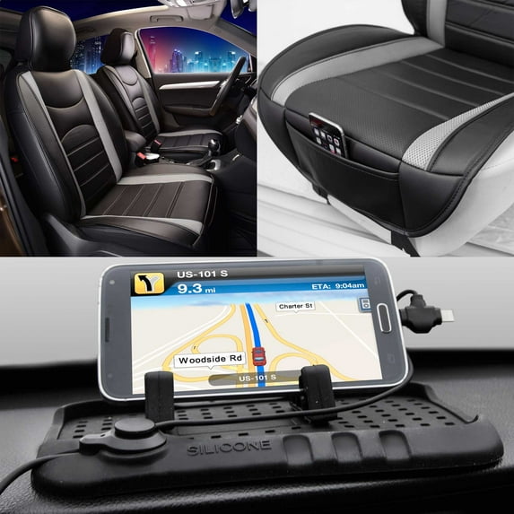 FH Group, Neoblend Leather Seat Front Bucket Cushion Pad Black w/Phone Charging Dock