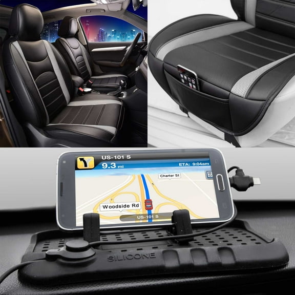 FH Group, Neoblend Leather Seat Front Bucket Cushion Pad Black w/Phone Charging Dock