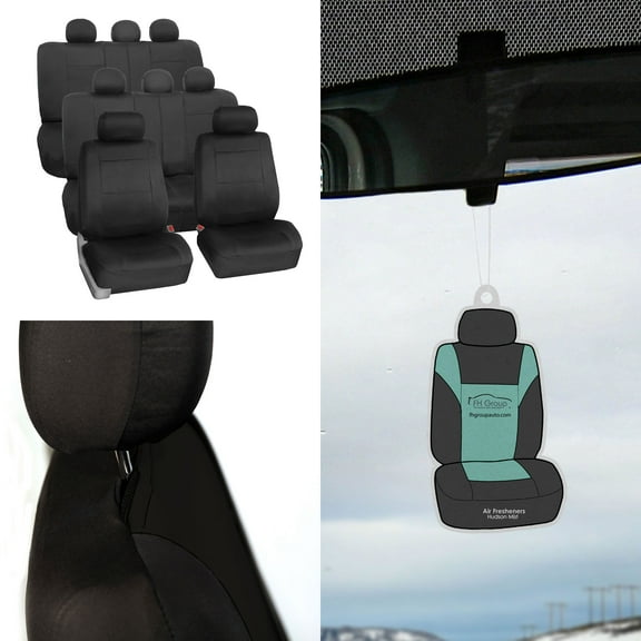 FH Group Neoprene 3 Row Car Seat Covers For SUV, Airbag Ready Split Bench 8 Seater, Black with Free Air Freshener