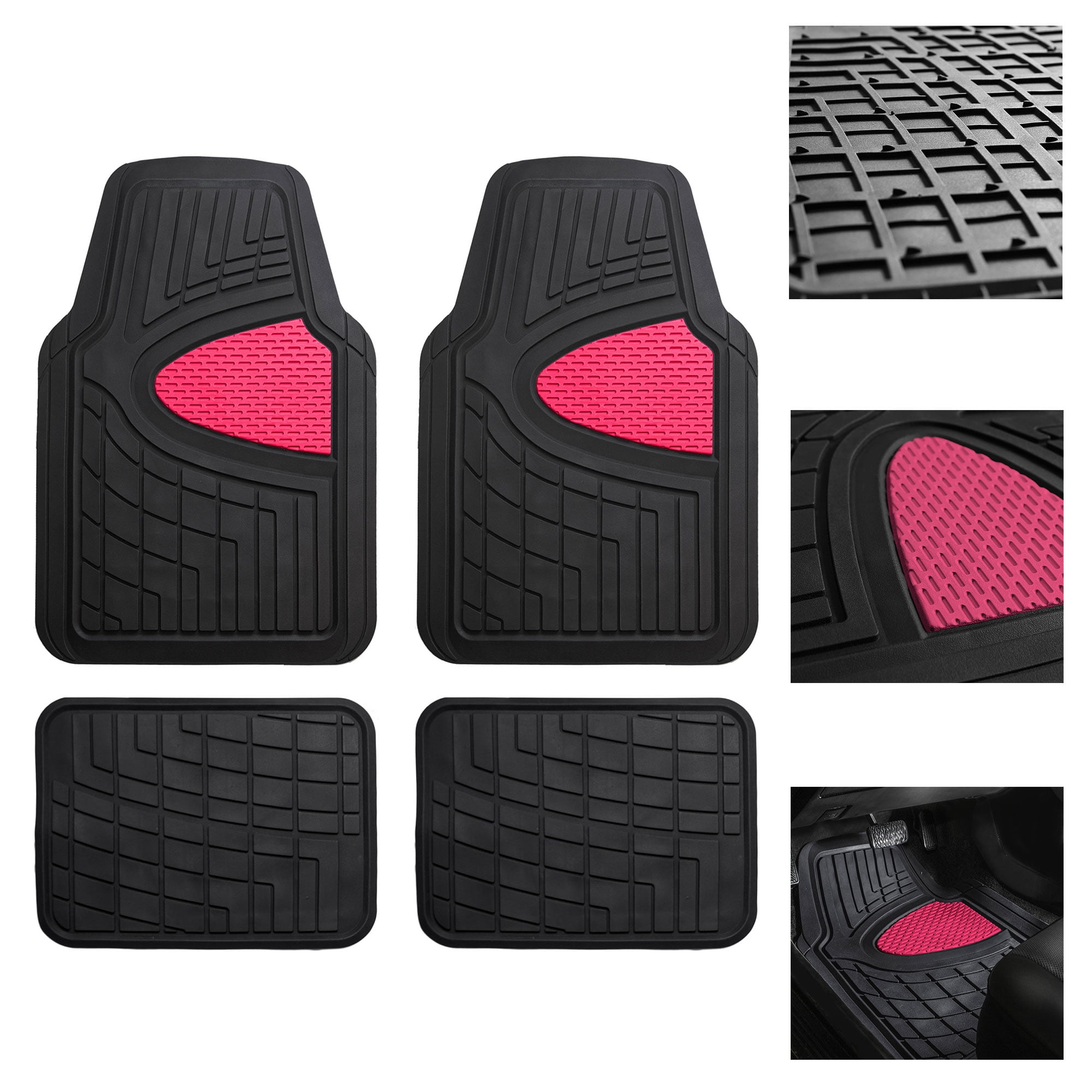 Pink and Black Tall Channel Rubber Car Floor Mats - 4 Piece Set