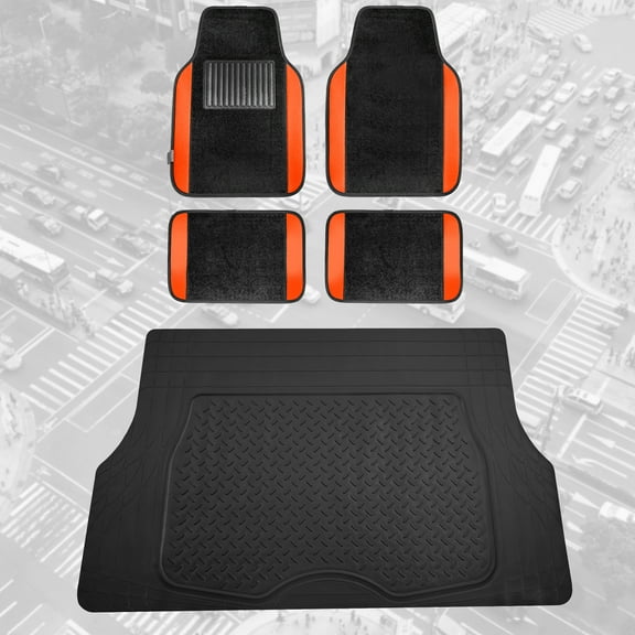 FH Group, Orange Black Carpet Floor Mats Combo w/ Rubber Trunk Cargo Linear Mat