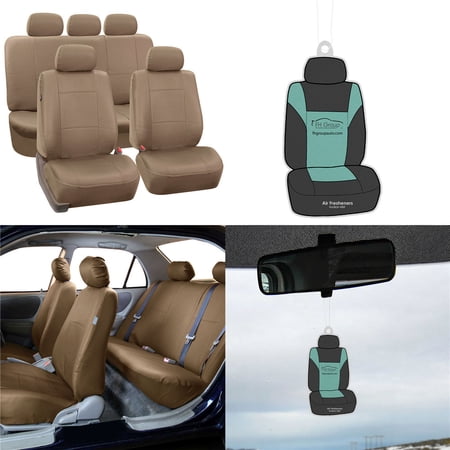 FH Group PU Leather Car Seat Covers, Universal Fit Full Set Tan with Air Freshener