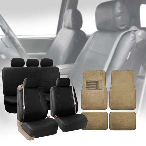 FH Group PU Leather Integrated Seatbelt Seat Covers, Full Set with Beige 4pcs Carpet Floor Mats, Black