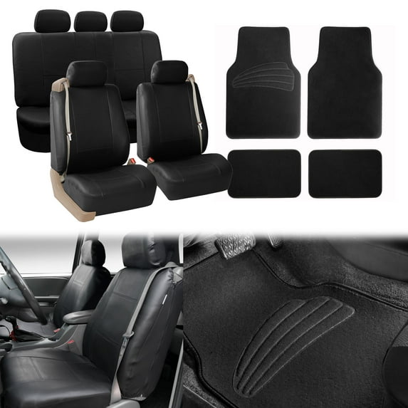 FH Group PU Leather Integrated Seatbelt Seat Covers, Full Set with Black Carpet Floor Mats, Black