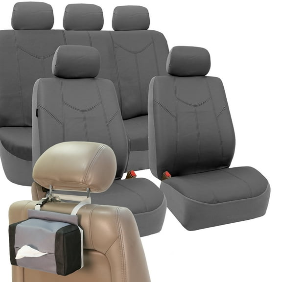 FH Group PU Leather Rome Seat Covers for Auto, Full Seat Cover Set with Tissue Dispenser, Gray