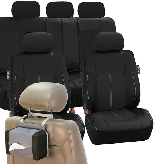 FH Group Perforated Leather Seat Covers Car Seat Covers for Auto, Airbag Ready Split bench with Tissue Dispenser, Black
