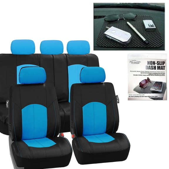 FH Group Perforated PU Leather Car Seat Covers for Auto Car Sedan SUV Van - Universal Fit Car Seat Protector Waterproof, UV-Resistant with Auto Dash Grip Pad PU008115BLUE-FH1002