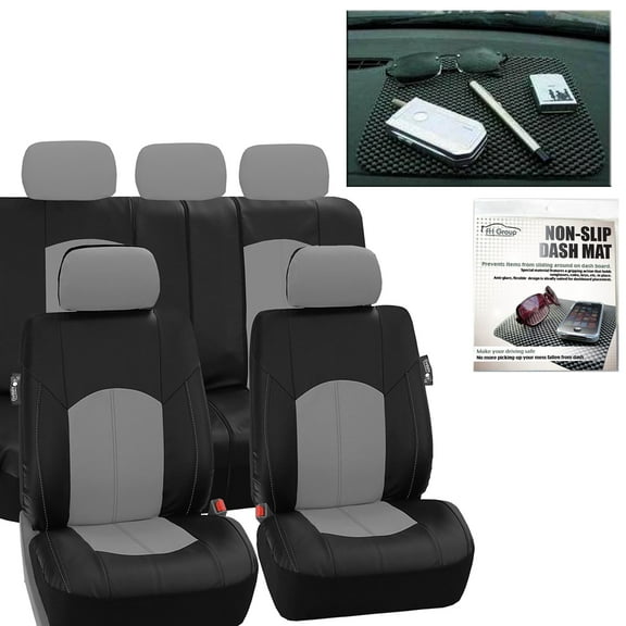 FH Group Perforated PU Leather Car Seat Covers for Auto Car Sedan SUV Van - Universal Fit Car Seat Protector Waterproof, UV-Resistant with Auto Dash Grip Pad PU008115GRAY-FH1002