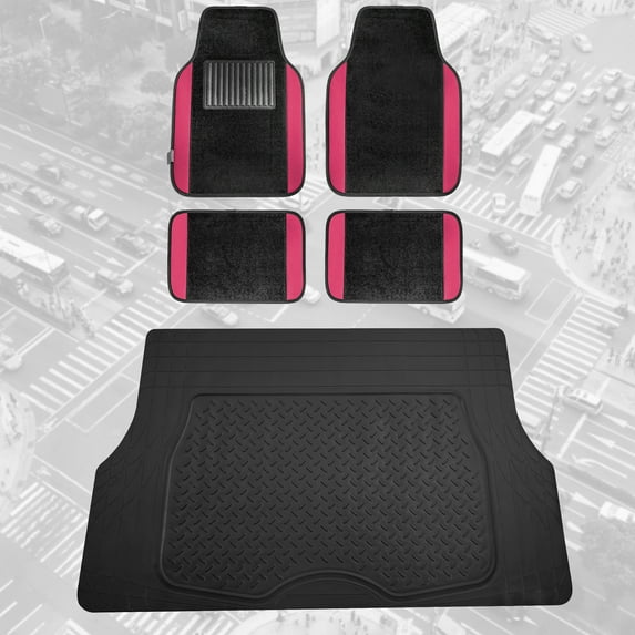 FH Group, Pink Black Carpet Floor Mats Combo w/ Rubber Trunk Cargo Linear Mat