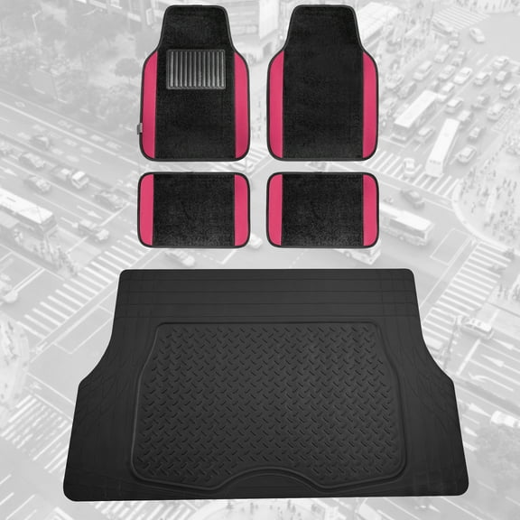 FH Group, Pink Black Carpet Floor Mats Combo w/ Rubber Trunk Cargo Linear Mat