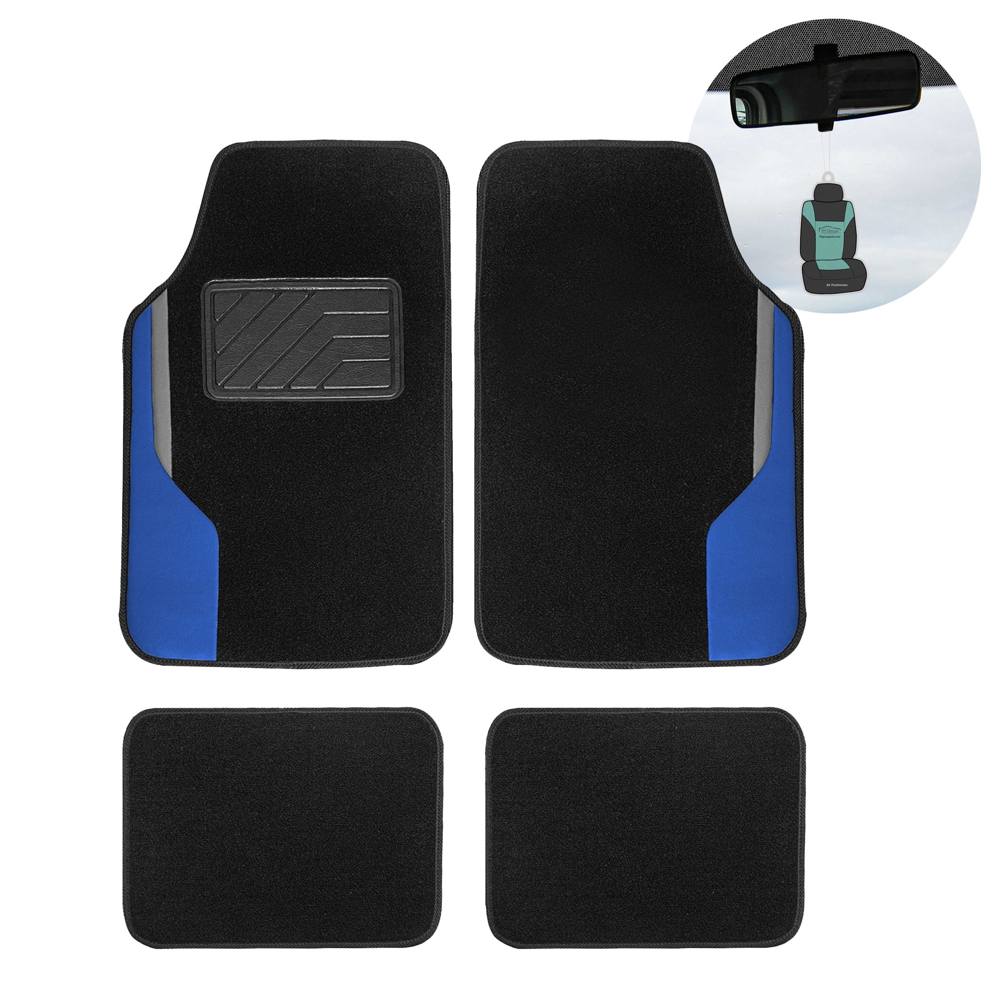 FH Group Polyester Carpet Blue Car Floor Mats, Universal Fit 4pc Full Set with Air Freshener