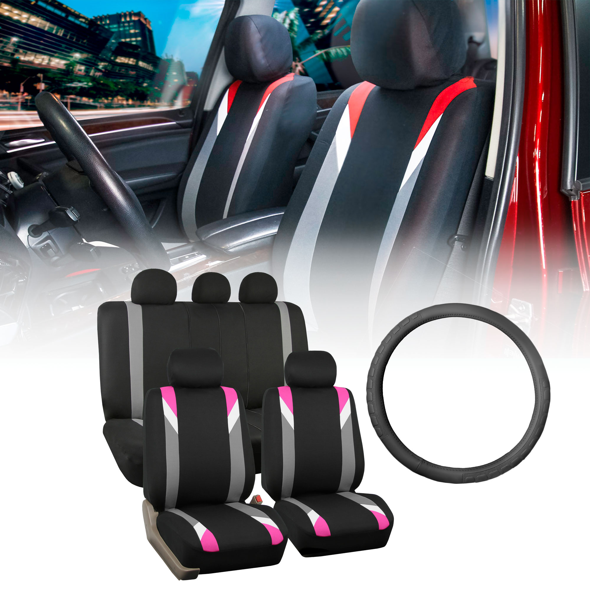 FH Group Premium Modernistic Car Seat Covers Combo, Full Set with Leather Steering Wheel Cover, Pink Black - image 1 of 9