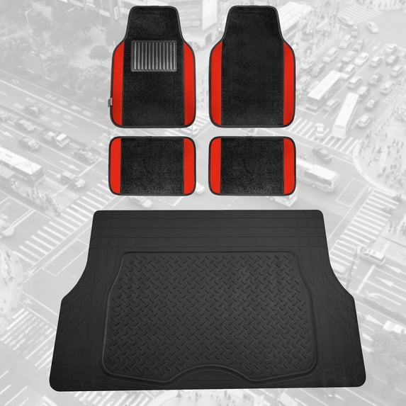 FH Group, Red Black Carpet Floor Mats Combo w/ Rubber Trunk Cargo Linear Mat