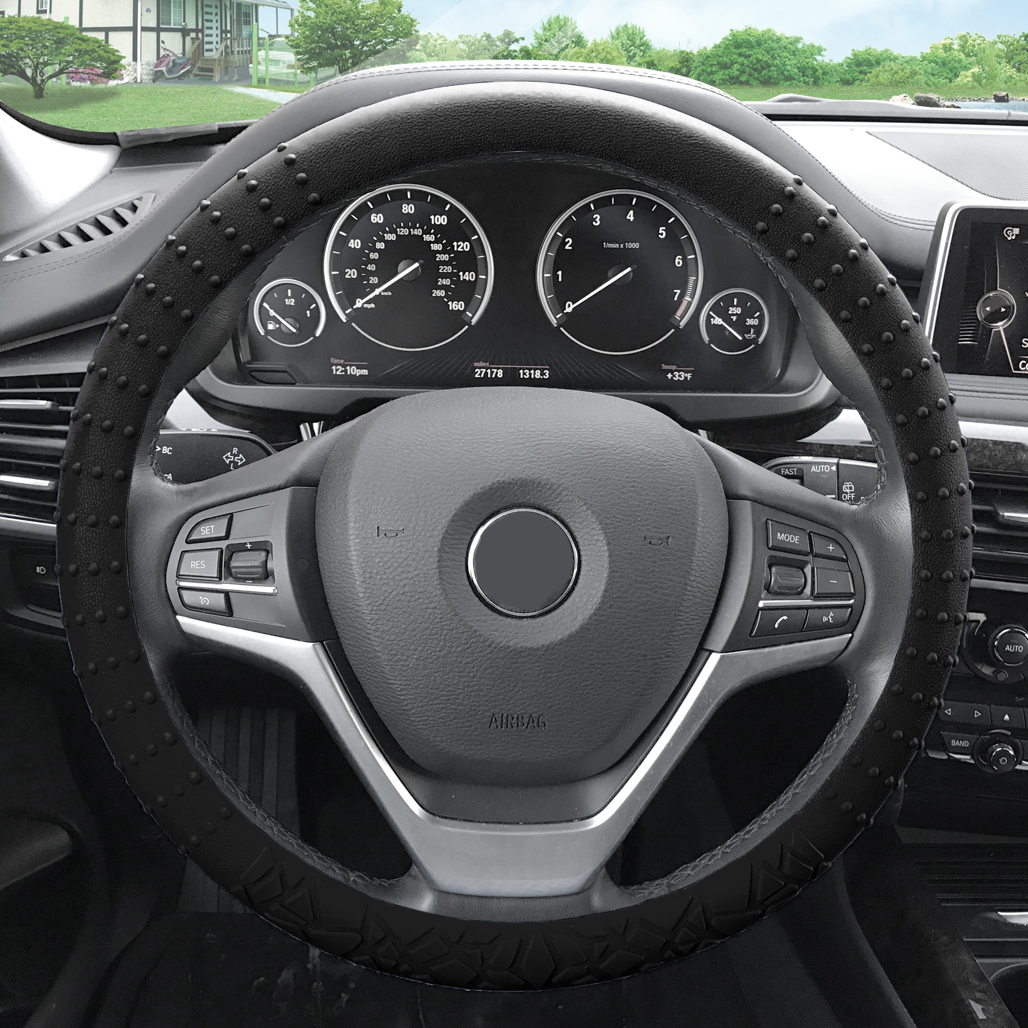 FH Group Soft Silicone Steering Wheel Cover with Textured Pattern and Anti-Slip Grip Design, UV-Resistant, Easy Installation, Durable, Waterproof & Odorless, Universal Fits 14.5" - 15.5" - Black