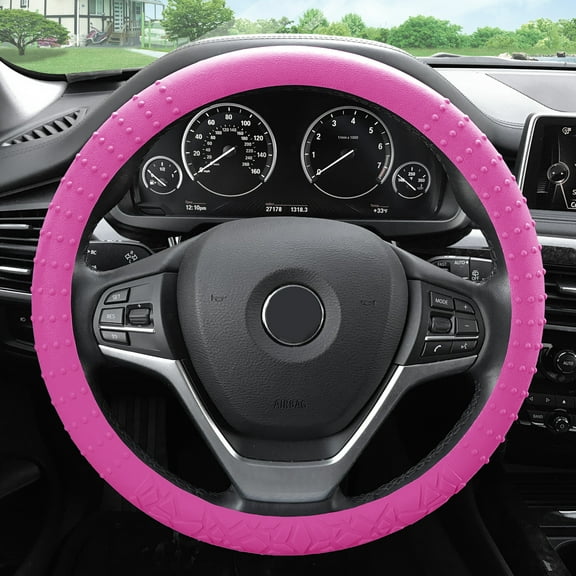 FH Group Soft Silicone Steering Wheel Cover with Textured Pattern and Anti-Slip Grip Design, UV-Resistant, Easy Installation, Durable, Waterproof & Odorless, Universal Fits 14.5" - 15.5" - Pink