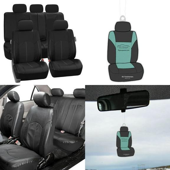 FH Group, Solid Black Deluxe Leather Seat Covers Full Set w/ Free Air Freshener, Airbag Compatible / Split Bench Covers