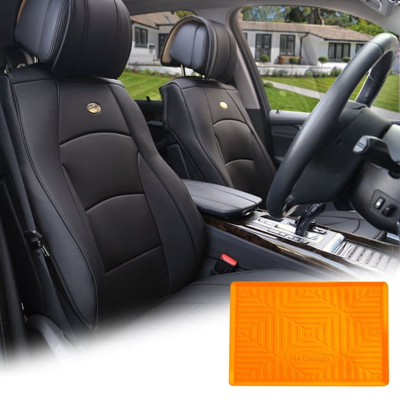 FH Group Solid Black Leatherette Front Bucket Seat Cushion Covers for Auto Car SUV Truck Van with Orange Dash Mat Combo