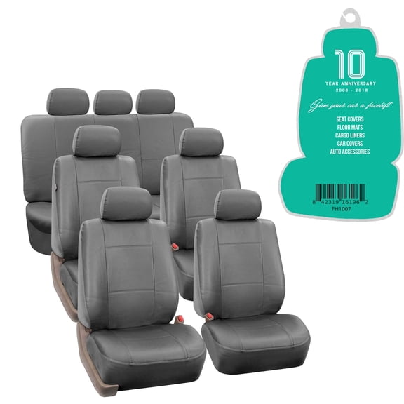 FH Group, Solid Gray PU Leather 3 Row Full Set For SUV Van Seat Covers Set with Free Air Freshener