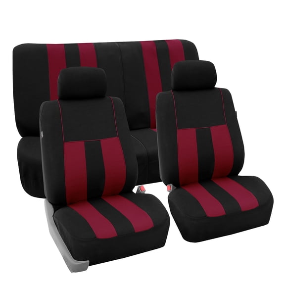 FH Group Striking Striped Seat Covers fro Auto, 2 Headrest Cover Full Set, Black and Burgundy