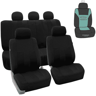 FH Group Striped Polyester Fabric Car Seat Cover, Universal Black Full Set Seat Covers with Air Freshener