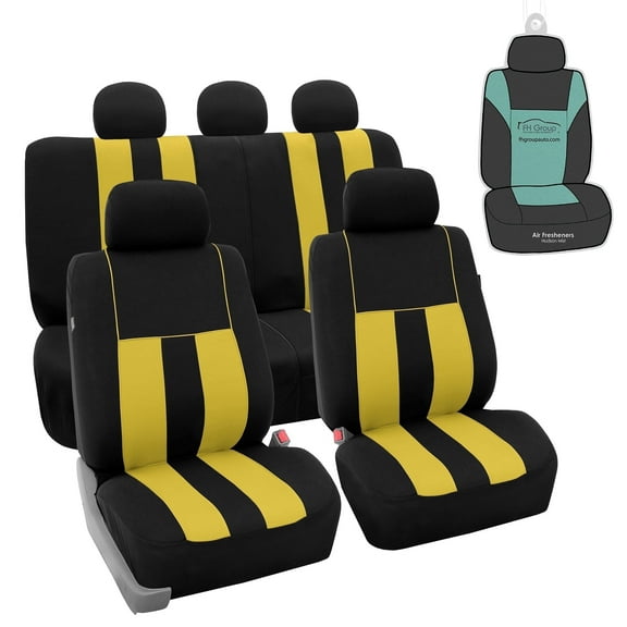 FH Group Striped Polyester Fabric Car Seat Cover, Universal Yellow Full Set Seat Covers with Air Freshener
