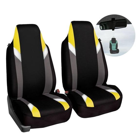 FH Group Supreme Modernistic Flat Cloth Car Seat Cover, Universal Yellow Front Set Seat Cover with Air Freshener