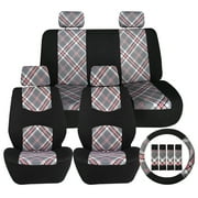 FH Group Tartan57 Universal Fit Cloth Car Seat Covers, Solid Back Rear Bench for Auto, SUV, Sedan and Van with Steering Wheel Cover - Beige Full Set