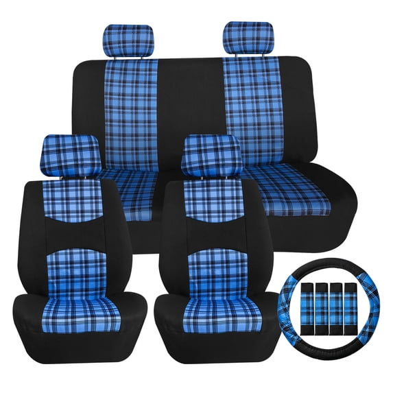 FH Group Tartan57 Universal Fit Cloth Car Seat Covers, Solid Back Rear Bench for Auto, SUV, Sedan and Van with Steering Wheel Cover - Blue Full Set