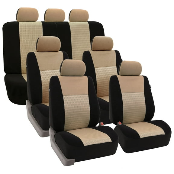 FH Group Trendy Elegence Airbag Compatible and Split Bench 7 Seaters Car Van Seat Covers, Full Set, Beige and Black