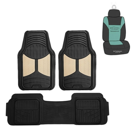 FH Group Trimmable 3pcs Universal Rubber Beige Car Floor Mats with Air Freshener