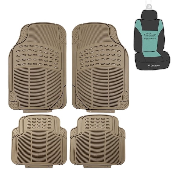 FH Group Trimmable Rubber Beige Car Floor Mats, Universal Fit 4pc with Air Freshener