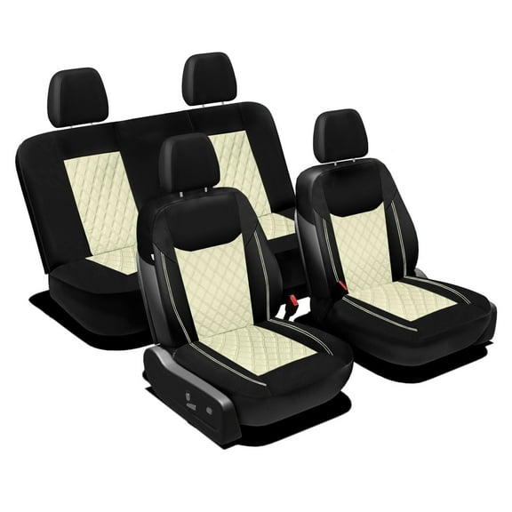 FH Group Ultra Modern Quilted Leatherette Car Seat Covers, Universal Fit Beige Full Set with Air Freshener