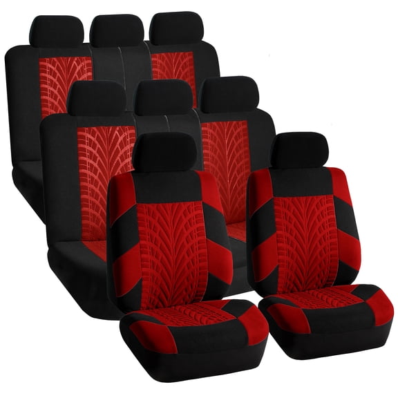 FH Group Universal Fit 3 Rows Cloth Car Seat Covers for SUV Sedan Van, Airbag Compatible, Split Bench Rear Seat - 8 Seaters Red/Black