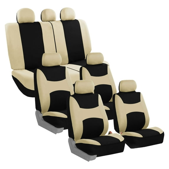FH Group Universal Fit 3 Rows Flat Cloth Car Seat Covers for Auto Trucks SUV, Split Benches - 7 Seaters Beige/Black
