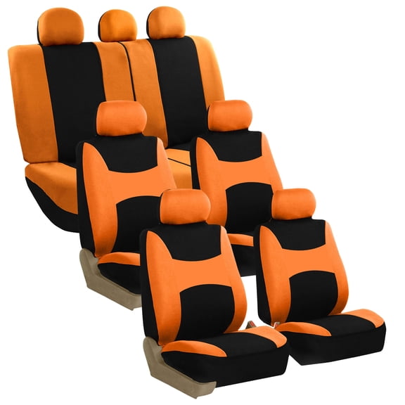 FH Group Universal Fit 3 Rows Flat Cloth Car Seat Covers for Auto Trucks SUV, Split Benches - 7 Seaters Orange