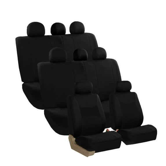 FH Group Universal Fit 3 Rows Flat Cloth Car Seat Covers for Auto Trucks SUV, Split Benches - 8 Seaters Black