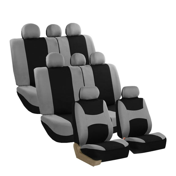 FH Group Universal Fit 3 Rows Flat Cloth Car Seat Covers for Auto Trucks SUV, Split Benches - 8 Seaters Gray/Black