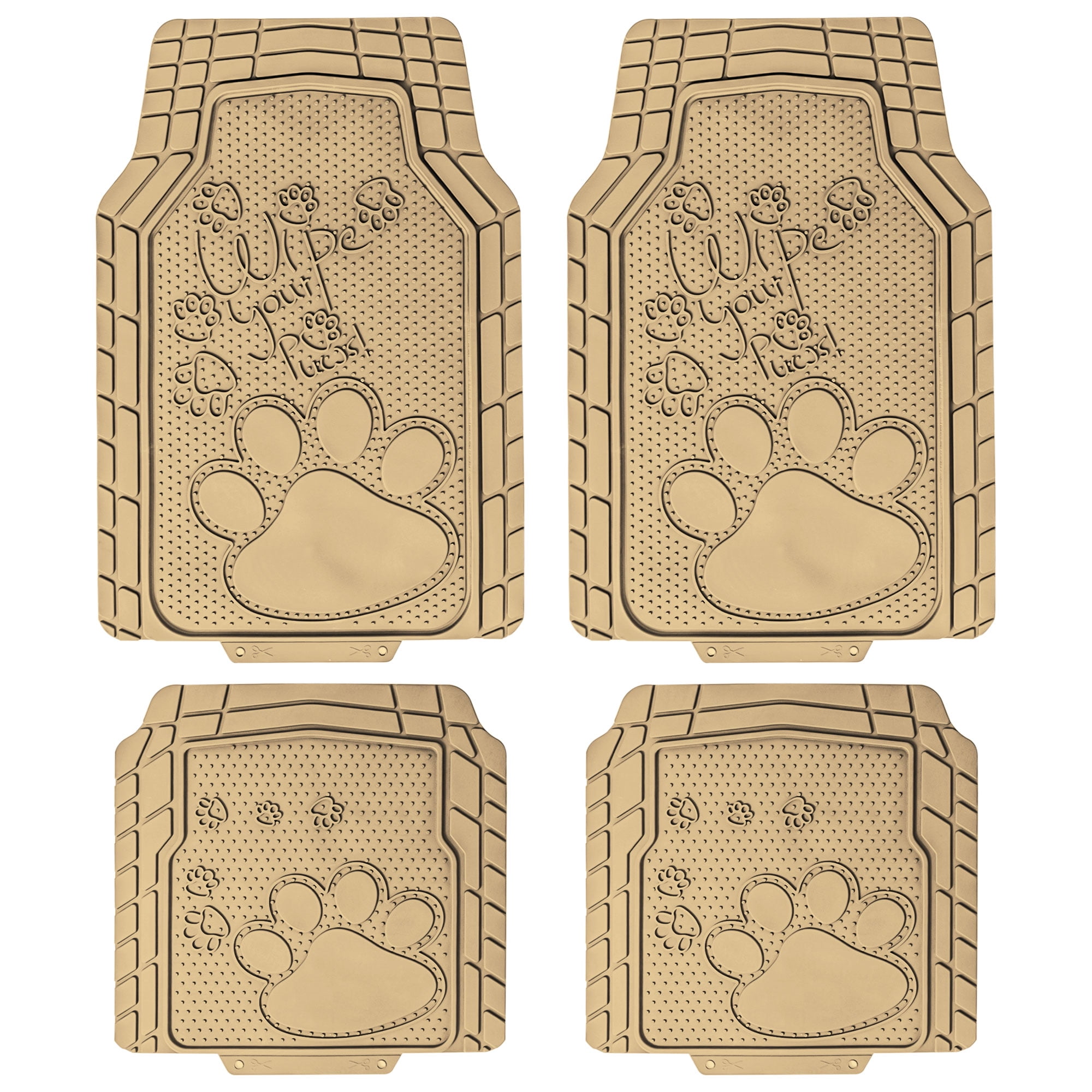 FH Group Universal Fit Adorable Paw Print, Heavy-Duty Rubber Floor Mats for Cars, SUV - Beige Full Set