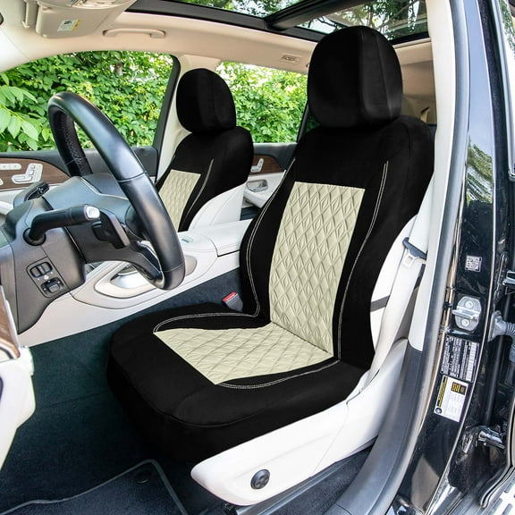 FH Group Universal Fit Beige Car Seat Covers, Diamond Stitched Flat Cloth Seat Protector for Trucks, SUVs & Vans, Washable - Full Set