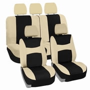 FH Group Universal Fit Cloth Car Seat Covers w/ Steering Cover & Belt Pads Full Set Beige/Black
