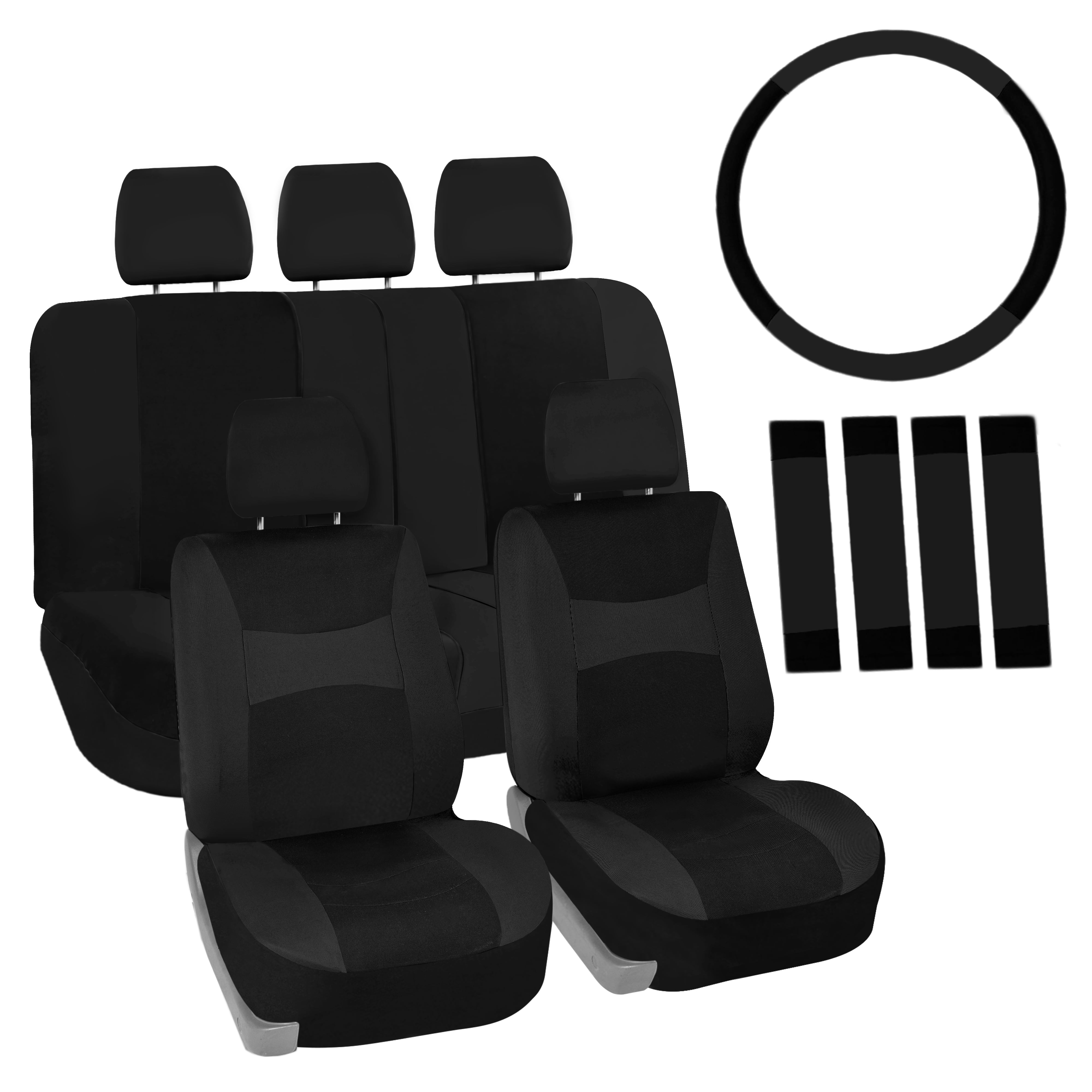 FH Group Universal Fit Cloth Car Seat Covers w/ Steering Cover & Belt Pads Full Set Black