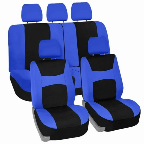 FH Group Universal Fit Cloth Car Seat Covers w/ Steering Cover & Belt Pads Full Set Blue/Black