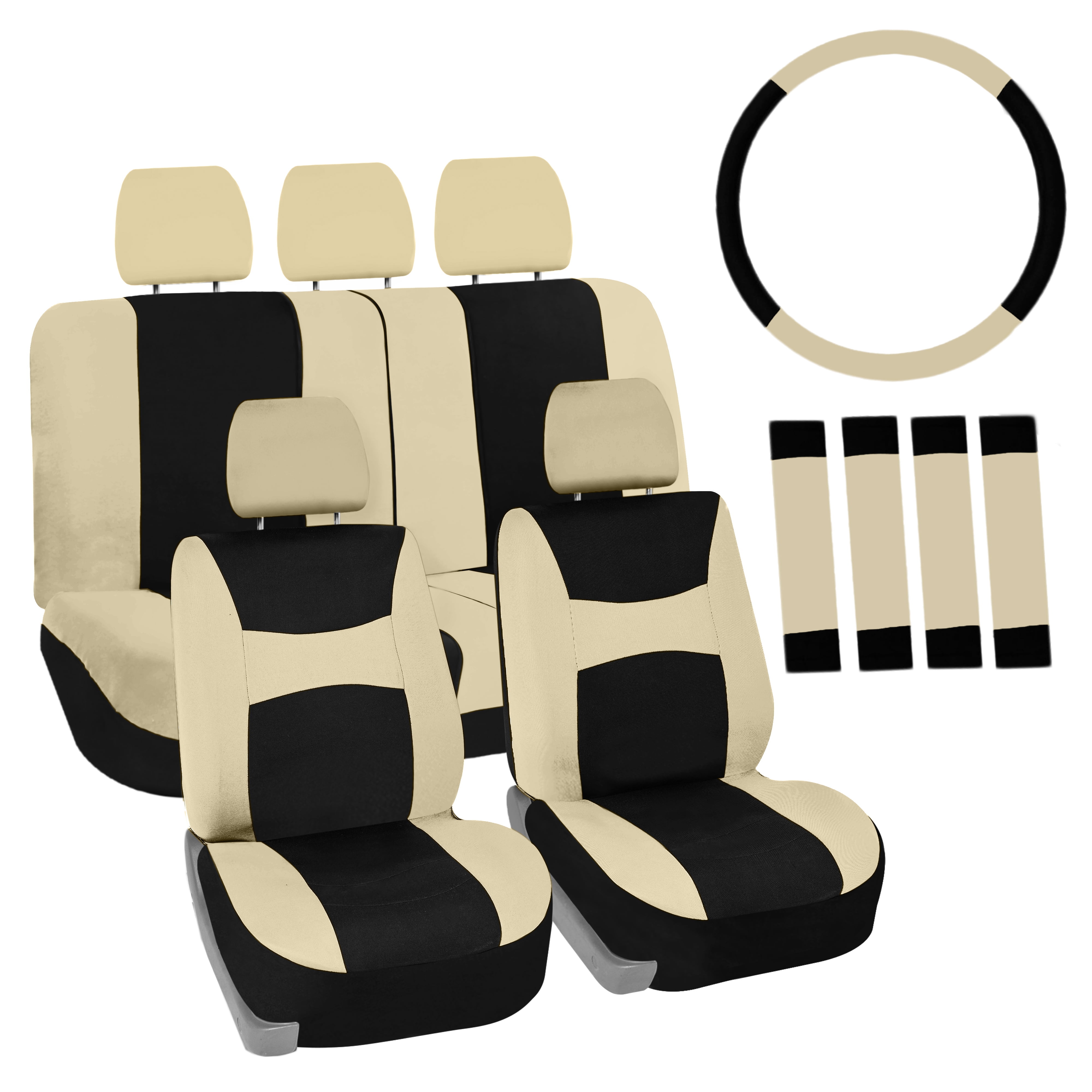 FH Group Universal Fit Cloth Car Seat Covers w/ Steering Cover & Belt
