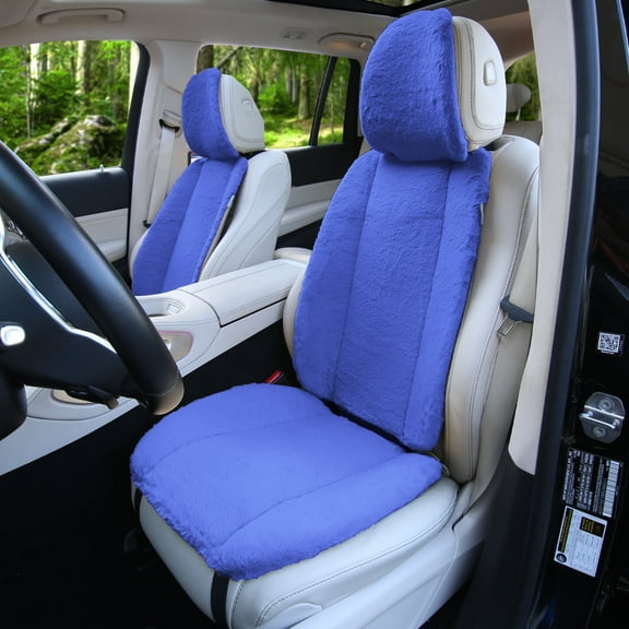 FH Group Universal Fit Doe16 Faux Cozy Soft Fluffy Warm Fur Car Seat Cushions Fit For Car Truck SUV Van, Comfortable, Warmth & Breathable  – Blue Front Set