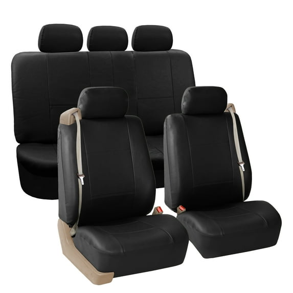 FH Group Universal Fit PU Leather Car Seat Covers for Sedan SUV Van Truck with Integrated Seatbelt - Black Full Set