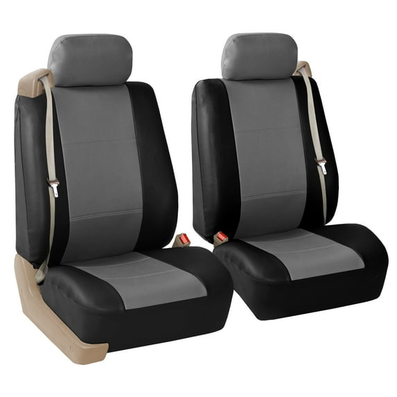 FH Group Universal Fit PU Leather Car Seat Covers for Sedan SUV Van Truck with Integrated Seatbelt - Gray Black Front